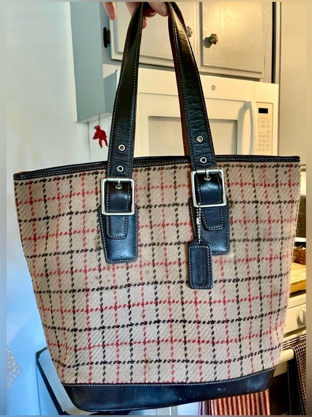 COACH Vintage Hamptons Tattersall Wool Tweed Tote Bag 9612 Y2K Rare Plaid